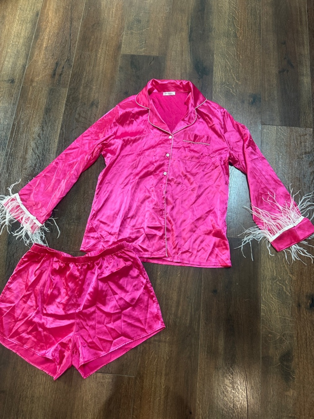 Silky Feather-Trim Pajama Set in Hot Pink